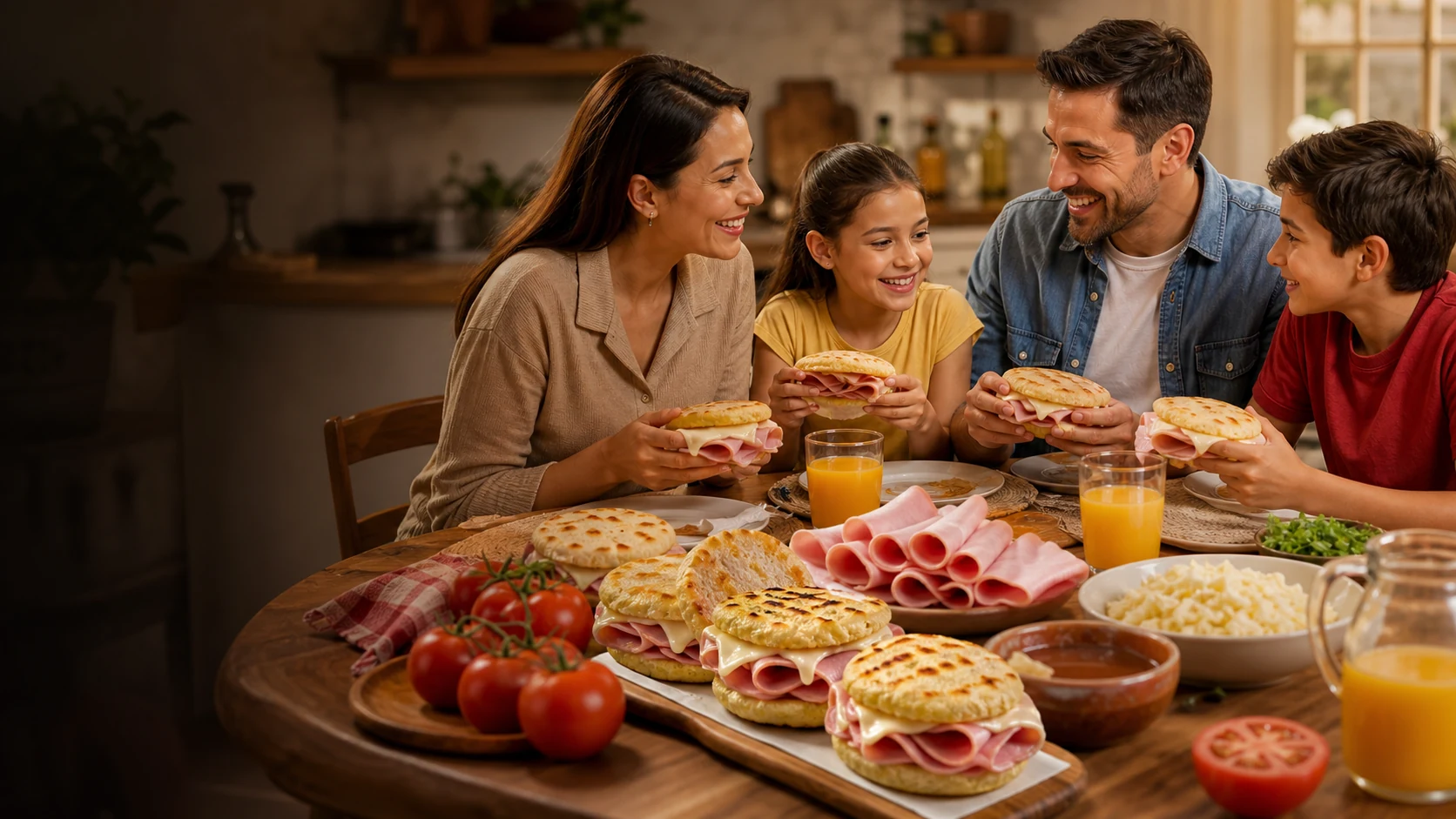Familia venezolana feliz comiendo arepas con jamón y queso