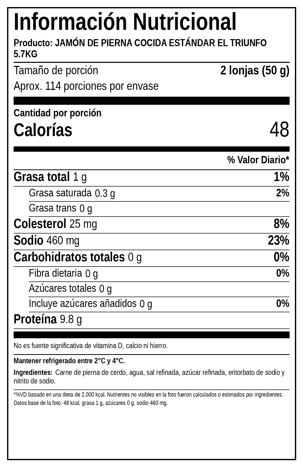 Tabla nutricional de Jamon de Pierna Cocido Estandar