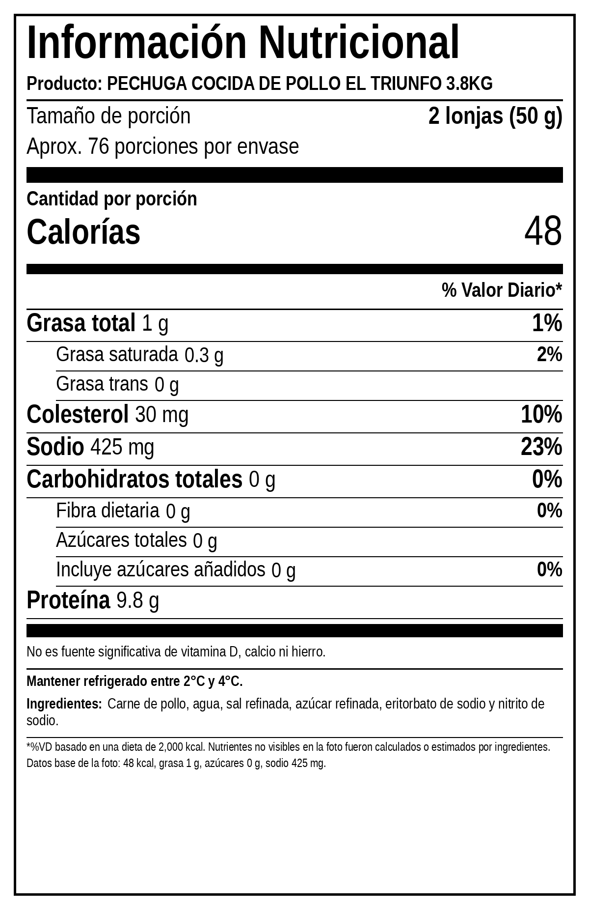 Tabla nutricional de Pechuga Cocida de Pollo